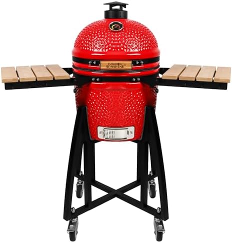 London Sunshine 15-inch Ceramic Kamado Charcoal Grill & Smoker with Locking Casters, Foldable Side Shelves, Stainless Steel Grates, and Tall Stand (Black)